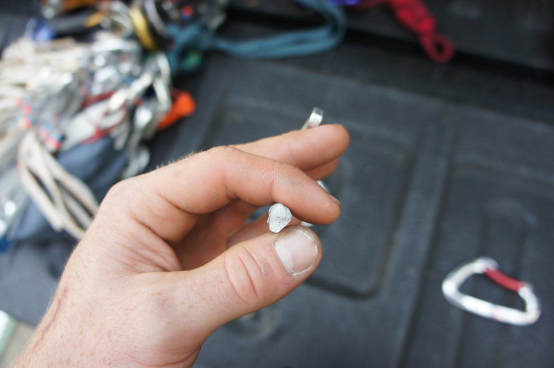 here's the broken end of one of the failed biners that a party below us found on their approach to the base of the West Face.