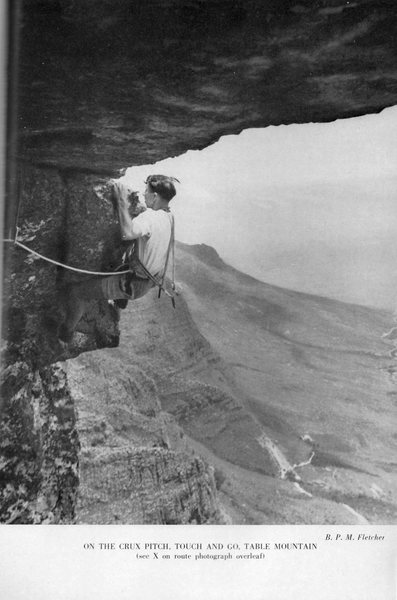 First ascent of Touch & Go, 1961. A couple of pitons and hawser-laid rope. From the Journal of the Mountain Club of S Africa.