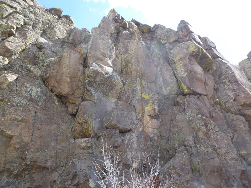 The route is the crack to the left of the rope.
