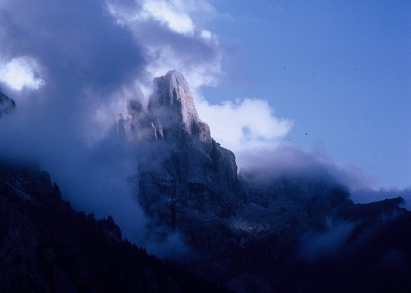 Cima della Madonna, the evening after my ascent of the Scarf Arete (Highlighted by shadows on the arête proper).