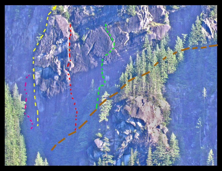 Diamond Wall, with Duck Wall at lower right, and the edge of the Beyond at the far upper right. Brown line is the trail. <br>
<br>
Routes, left to right: <br>
<br>
Magenta: Dark Crystal. 11b. <br>
Yellow: Dihedral. 5.8 A4.<br>
Red: Centerfold. 10d.<br>
Green: Hell Bent for Glory. 10d A0.<br>
<br>