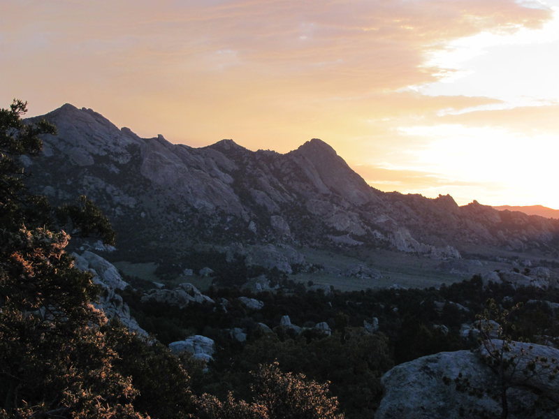 Dawn and morning Alpenglow at City of Rocks, 8/2010. Steinfells Dome and Jackson's Thumb, center.