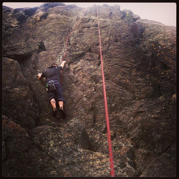 Kyle climbing up the weakness on the left side of this micro crag