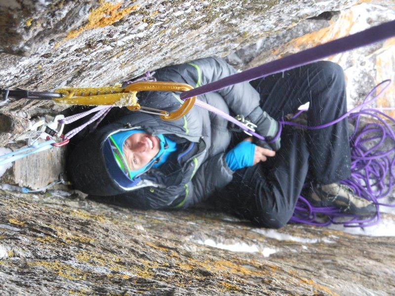 The belay "cave" between the second and third pitch.