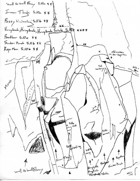 Topos of seven routes 150' right of the cave, including Wall to Wall Fanny (10a) and Sucker Punch (11b). (Image from RCNW.net.)