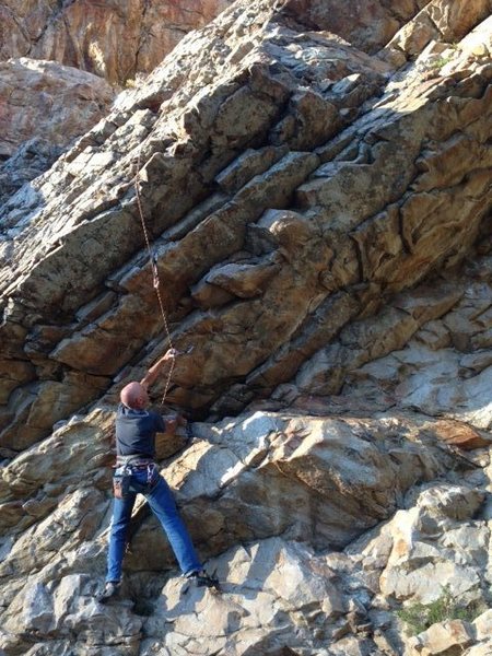 Photo of the start. Crux is the last overhang in the shade, Easy after you get over into the sunny part in the photo.