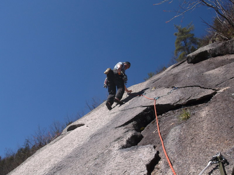 The start of the 120 foot finger crack on pitch 2. (of "Go West Young Man")