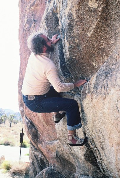Rodger bouldering the start of Hermanutic, Spring 1982. Note the RR Verappes!