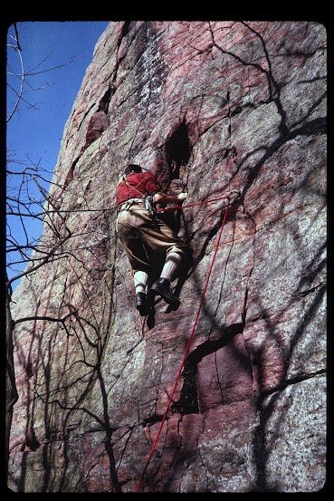 Richard Goldstone on Richard's Reprieve, Two Pines Buttress, in 1962.  The original route veered right to Full Stop, then back left.  The Reprieve is a straightened-out version of the original lead.