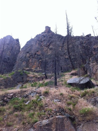 Thunderbolt and Lightfeet is in the center on this photo with the warmup wall being the rightmost lower rock in the frame. Sorry for the awful quality...it was pouring rain when I took it.