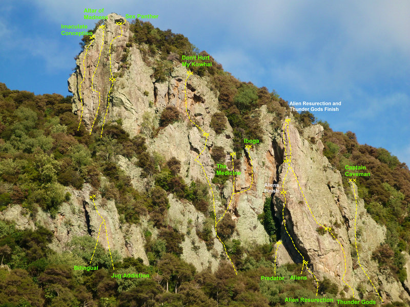 The Bluff (Beta). Not comprehensive, buy the (currently out of print) guidebook for all the routes. Proceeds go to further development at Kawakawa.
