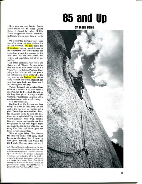 FA of a Q of B, Climbing #44, p. 1<br>
<br>
Errata highlighted - people have been telling me about these for 35 years ... glad to finally set the record straight.<br>
<br>
- 600 foot dome, not 800<br>
- the Crooked Line, not the Broken Line (it matters)<br>
<br>