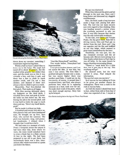 FA of a Q of B, Climbing #44, p. 2<br>
<br>
- top photo by Paul Horak<br>
- 70 degrees, not percent<br>
- Venado & Virsylvia Peaks