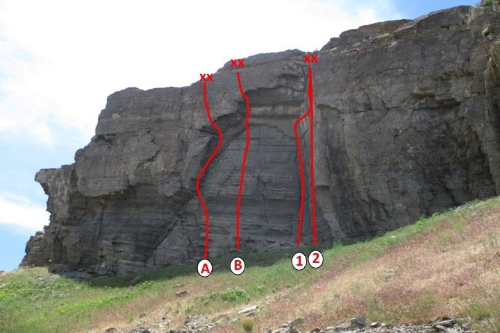 South side, east face of Cannabis Crew Wall (aka Head of Blob in Garrett guide)
<br>
A) Whiskey Bench .10d
<br>
B) Chossilvania Transit Line 5.12
<br>
1) Cannabis Corner 5.10a/b
<br>
2) Cannabis Crew 5.10a/b