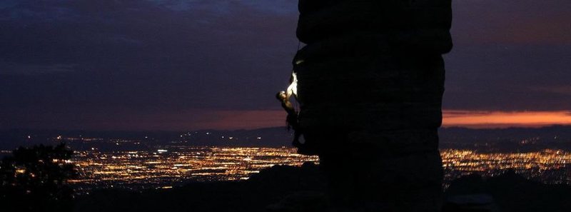 Night climbing on Hitchcock Pinnacle's East Face