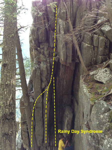 All three climbs, Rainy Day Syndrome follows the gully/chimney feature outlined on the right