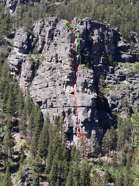 Gallatin Tower Standard Route topo. Follow red for the 5.8+ version or take the 5.9 finish in green for the 3rd pitch. Shot from the Waltz approach.