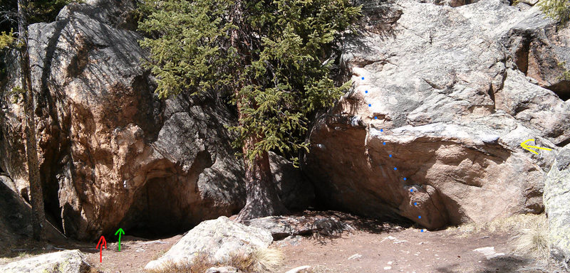 Dependent Boulders: red - 1. V3; green - 2. V2 (V3 SDS); blue - 3. V2; yellow 4. V4.