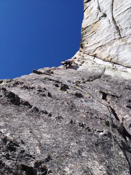 The arete. There is a fixed pin just up and right, then go left around the corner.