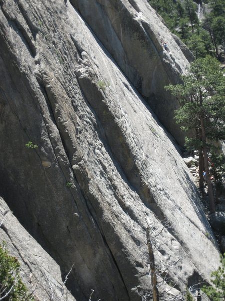 The bottom of the Isis Buttress. Sport Pages is the prominent OW crack visible in the center bottom of the photo. As viewed from the top of Backflip.