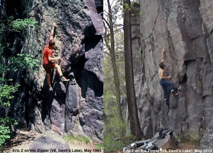 Borrowed a picture that Zschiesche posted of a send-without-pads in 1985. And then grabbed a screenshot from a youtube video he made from a visit in May 2013. Thought it made for a neat juxtaposition: being at the same spot, only 28 years apart.