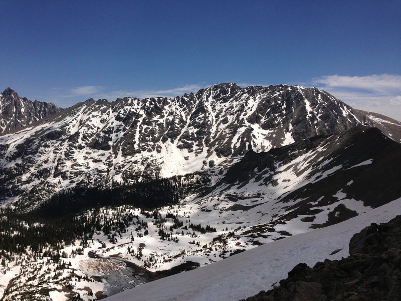 Climbed Mt. Neva to look at the North Star route. Looks pretty full still! With the turns in the couloir, it was difficult to get everything in one shot (with iPhone no less). Hope this helps! Taken 6-14-13.