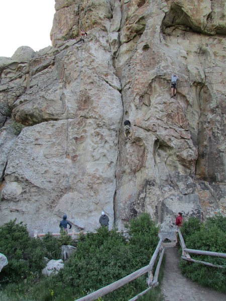 Climbers on three of the popular routes: L > R; Rollercoaster, Private Idaho, and Colossus.