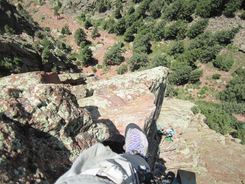 Looking down the arete. The top of Rewritten's 4th pitch (dead tree belay) is visible here.