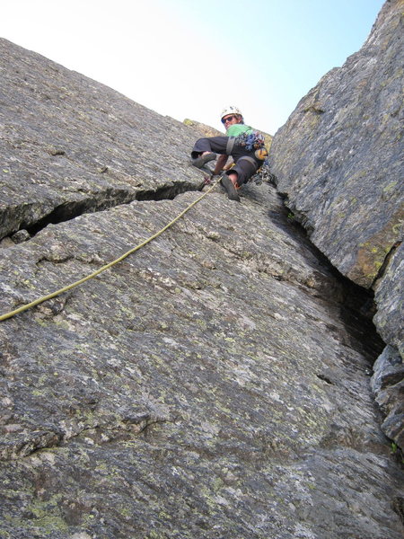 Mike on 2nd pitch; 5.7 and the best pitch of the route. 6th pitch was almost as fun and a bit steeper and harder at about 5.8.
