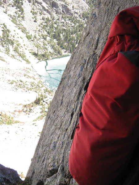Emerald Lake from top of first pitch. Icebergs cover the lake.