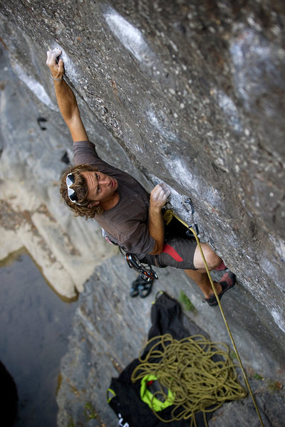 Alexander B pulls the crux of Danger Boy, at Wheeler Gorge.