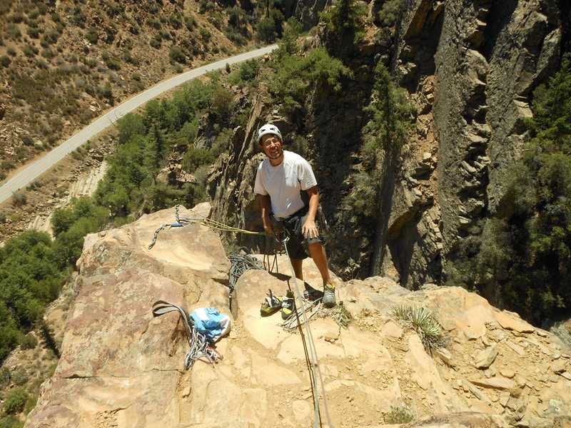 The spacious belay at the base of "Seven Steps To Heaven."
