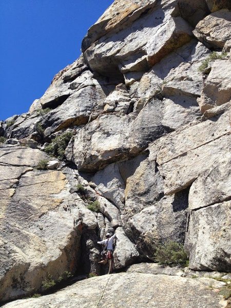 "Pitch 0" of the Ramp. Amy is about to make a 5.7ish move, followed by class 4 scrambling to the base of the climb.