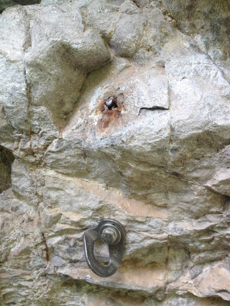 Old and new 2nd bolt. Would have liked to reuse the hold placement but need to get a core driller to do so. There's some limited rock to use for bolts in this area. A lot of funky, hollow stuff.