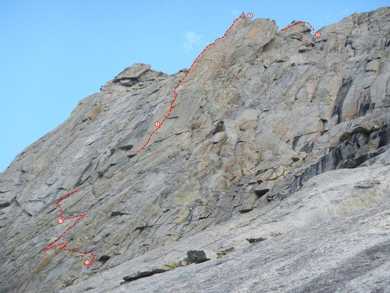 Our adventurous approach pitches along with a view of the arete. The climbing on the approach was 5.9 or less but sketchy and awkward in places.