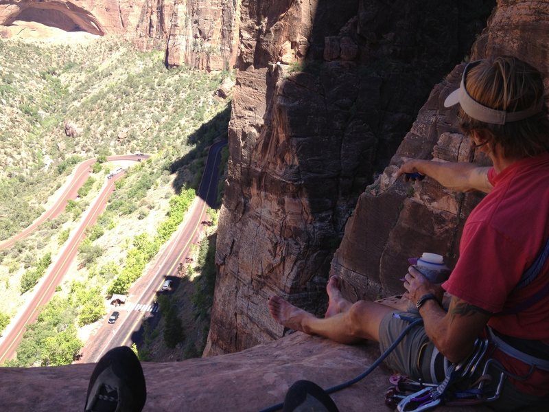 Dan points out the finer aspects of Zion climbing from the summit of Ashtar Command Tower.