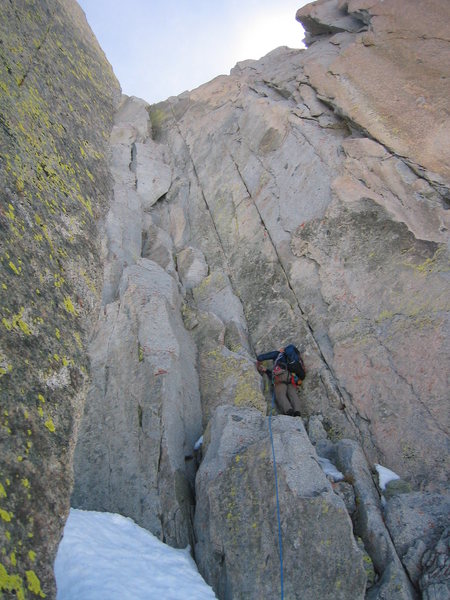 Mike leading up what was the crux for me (p4 of Adam's topo photo)-- but very well protected by those vertical cracks. Nuts for all.