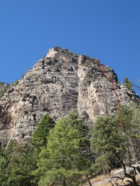 The obvious dihedral of Nuggernaut and approximate line of route. It goes out of view near the top.