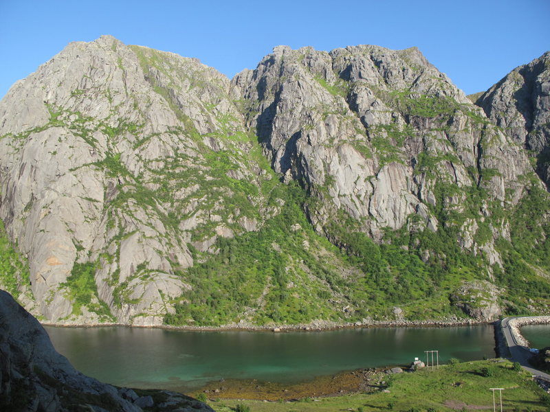 L to R: Djupfjord Butress, Two Faces Face, Sjosvaet. Photo taken from north shore of Djupfjord.
