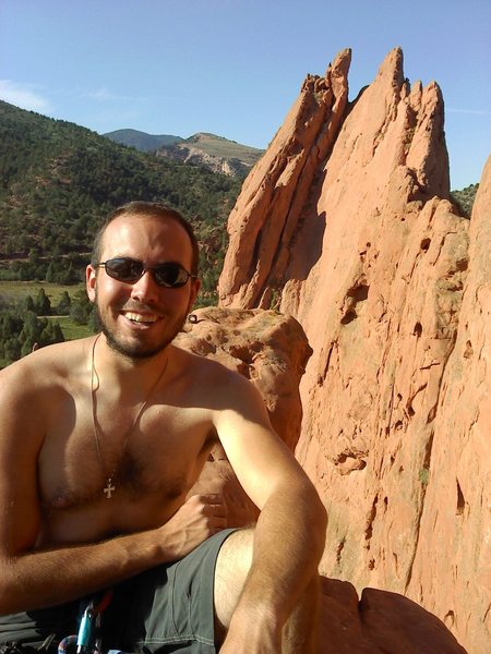 John Karbo atop West Point Crack, South Gateway Rock, GOG, Colorado Springs, CO.