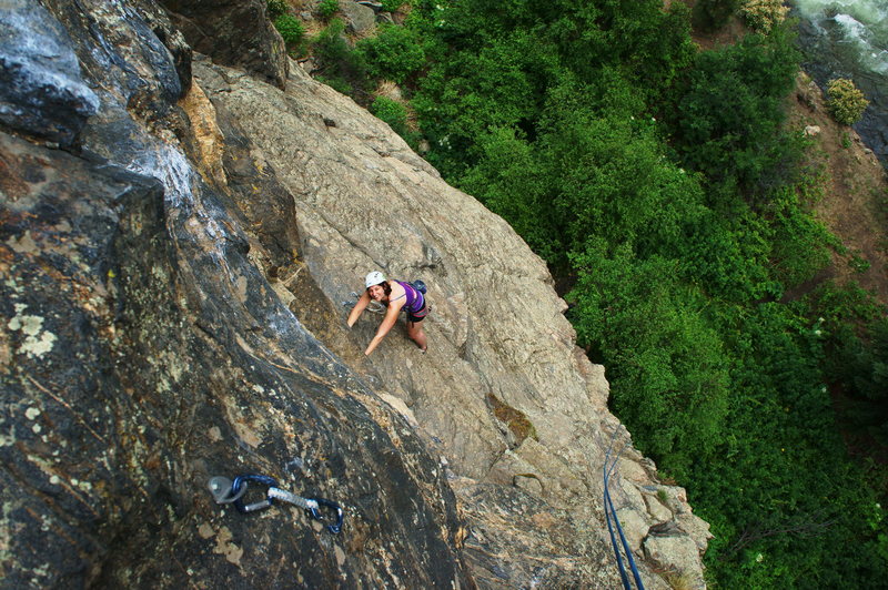 Lauren at the first pitch's bolt anchor. First three pitches can be linked in various ways.