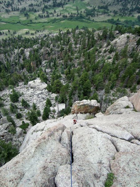 Looking down at the second pitch, after setting up a belay at the base of the pinnacle.