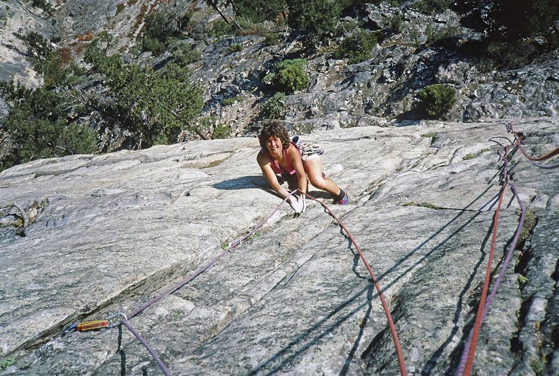Fran Bagenal climbing pitch 1 of In Memoriam.