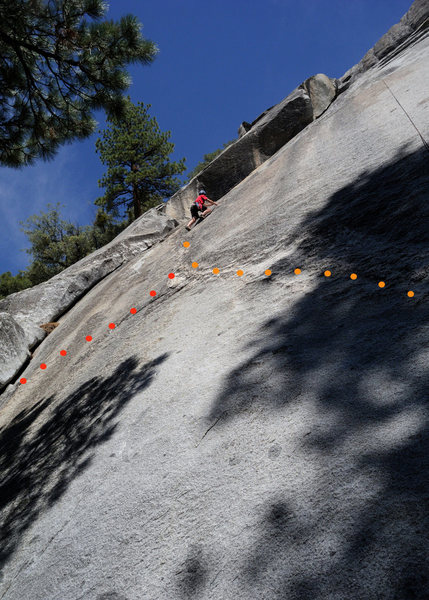 After having lead Red Mushrooms, Doug Steigerwald top ropes the left-hand variation (5.10c X). This quality face climb is protected by just 2 bolts for 80 feet of climbing. <br>
<br>
The orange dots mark the traditional path taken for this route. If climbing with less experienced folks, the path marked by the red dots is highly recommended. For this variation, start on the first 15 feet of the Last Dihedral and then traverse diagonally into the 2nd bolt of the the 10c. Climbed this way, the route goes at only 5.8.