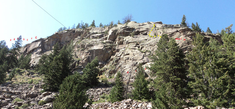 Topo with some of the routes.<br>
<br>
The yellow dots are the top of the "Above L and right", 9+.