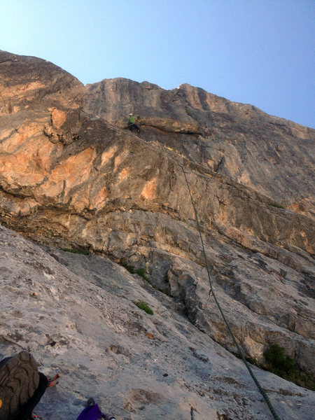Law nearing the crux roof of the Fellowship Direct.