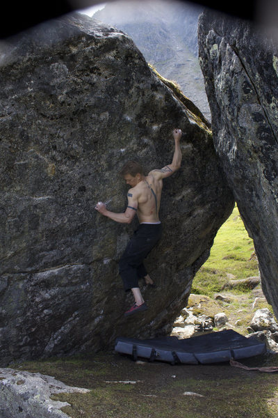 Jared on Rock Biter at the Phantasia Boulders.
