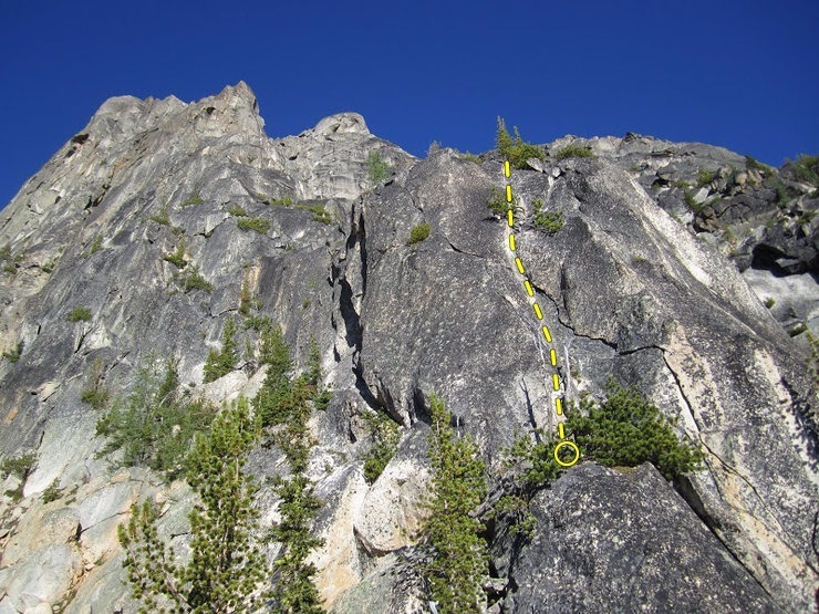 Start of the West Ridge. Starts by the two dead trees in the lower right and climbs the white streak up through the tree in the middle of the face.