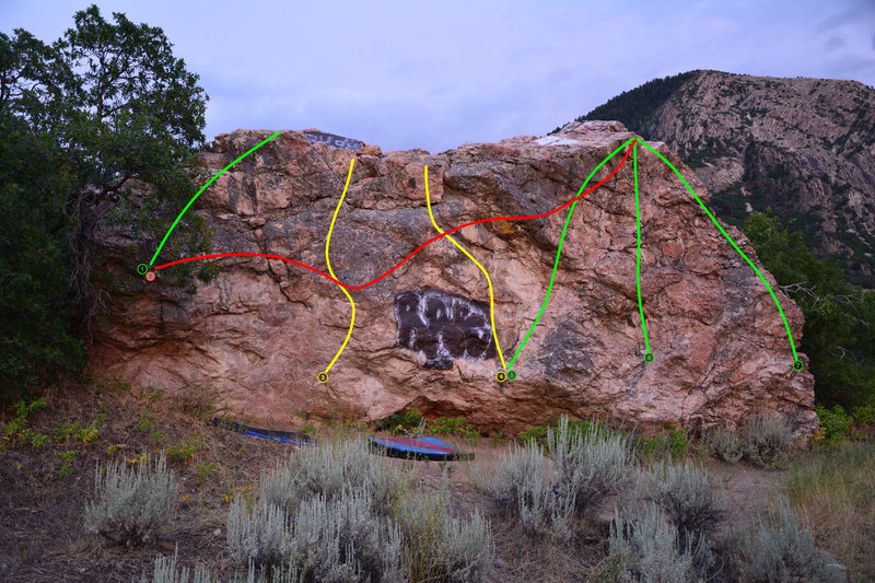 Some of the better and less eliminanty problems on the Cliffside Boulder<br>
<br>
1. Young Lust<br>
2. Gygi Traverse<br>
3. Hey You!<br>
4. Community Grindfest<br>
5. Vera<br>
6. Numb<br>
7. Cliffside Arete