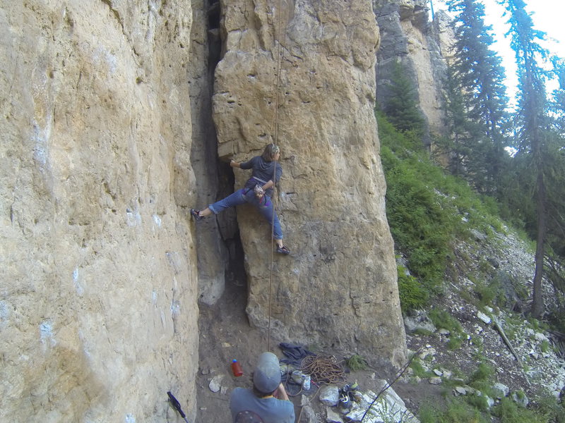 Michelle about to finish off The Roach, 5.10a<br>
<br>
The Danks, Spearfish Canyon<br>
South Dakota